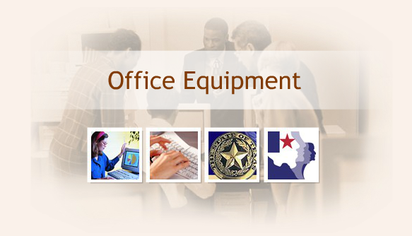 Office Equipment title screen showing collage of images: employee looking at computer, hands typing on keyboard, State of Texas seal, and HHS system logo